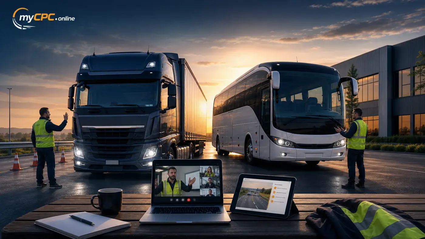 HGV lorry and coach with live online Driver CPC training materials.